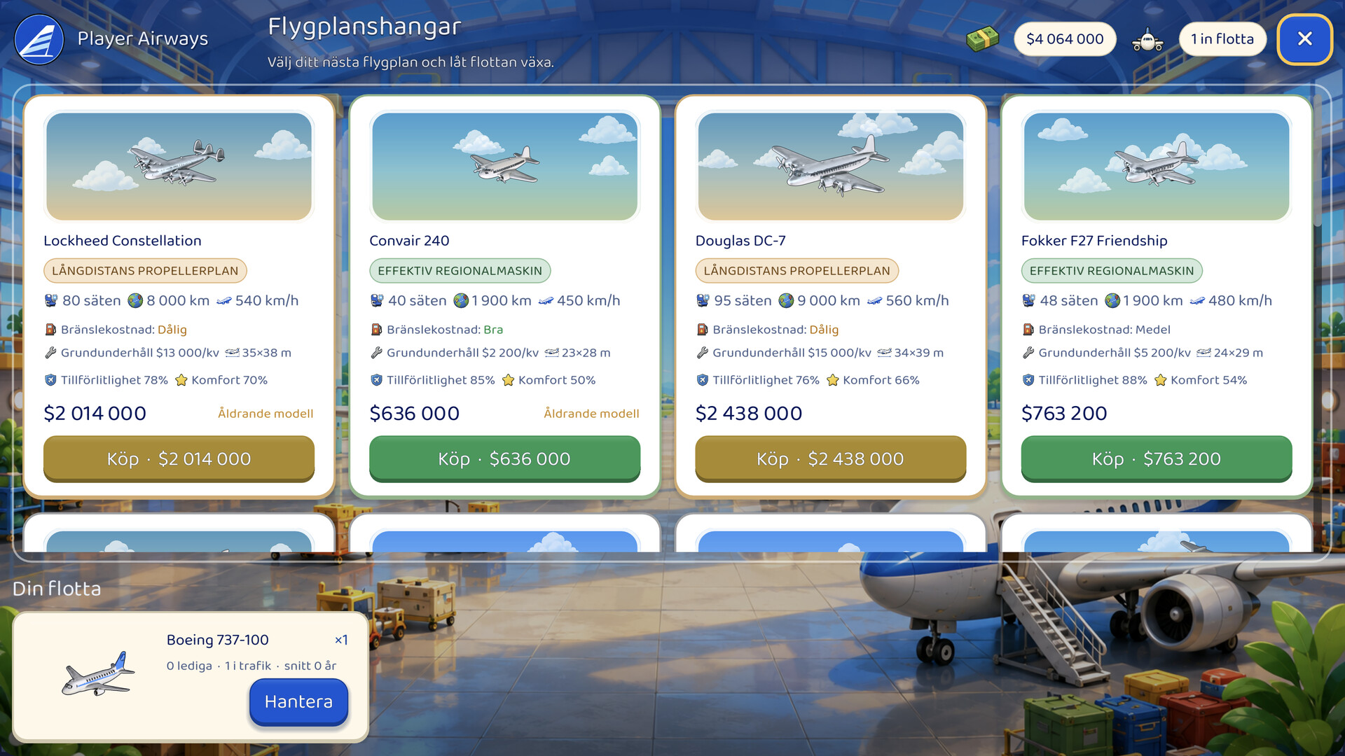 Aviator: Airline Empire Aircraft Hangar in Svenska / Swedish